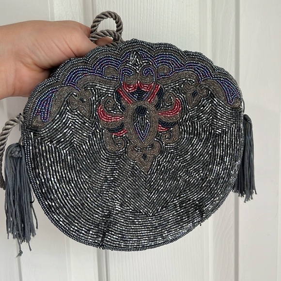Vintage Retro Beaded Purse Bag Clutch Crossbody Shoulder bag‎ Grey Purple Tassel - Picture 4 of 14